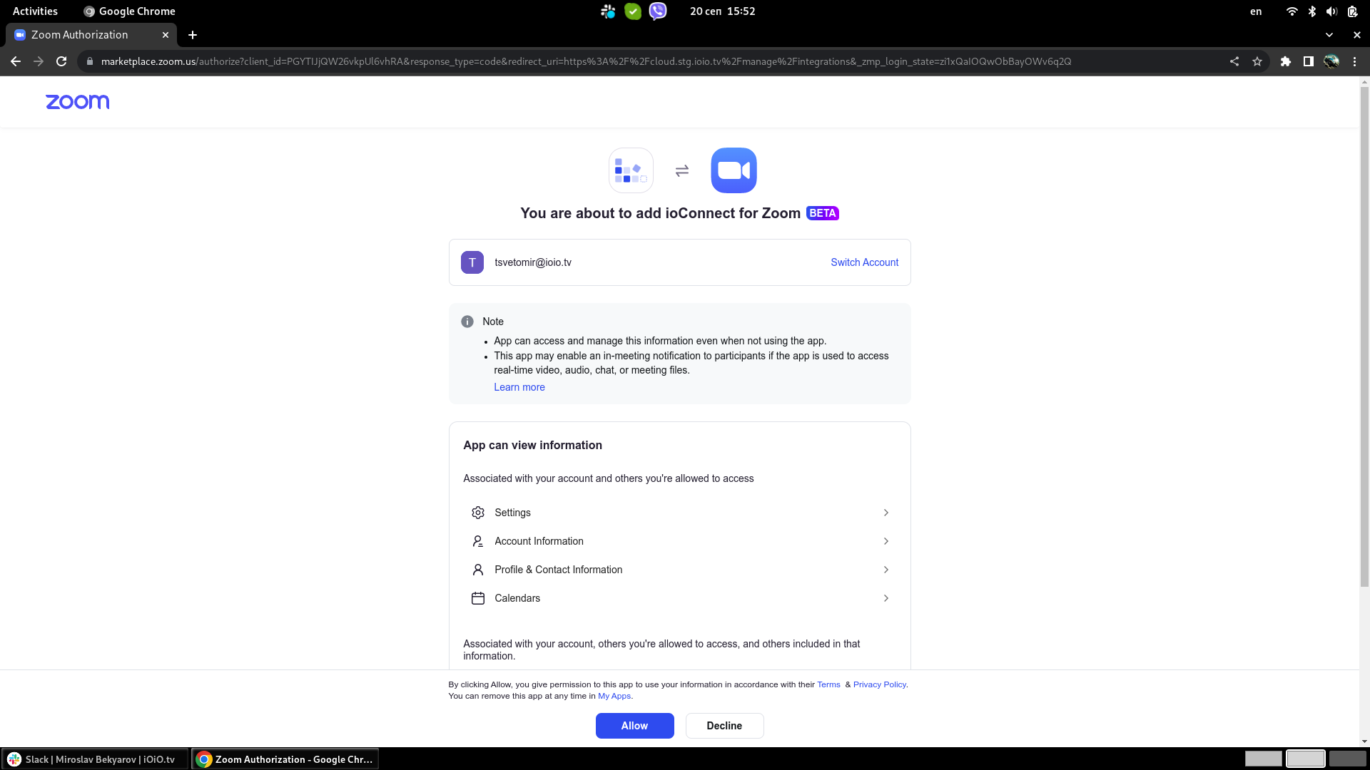Authorize to connect IOIO to Zoom